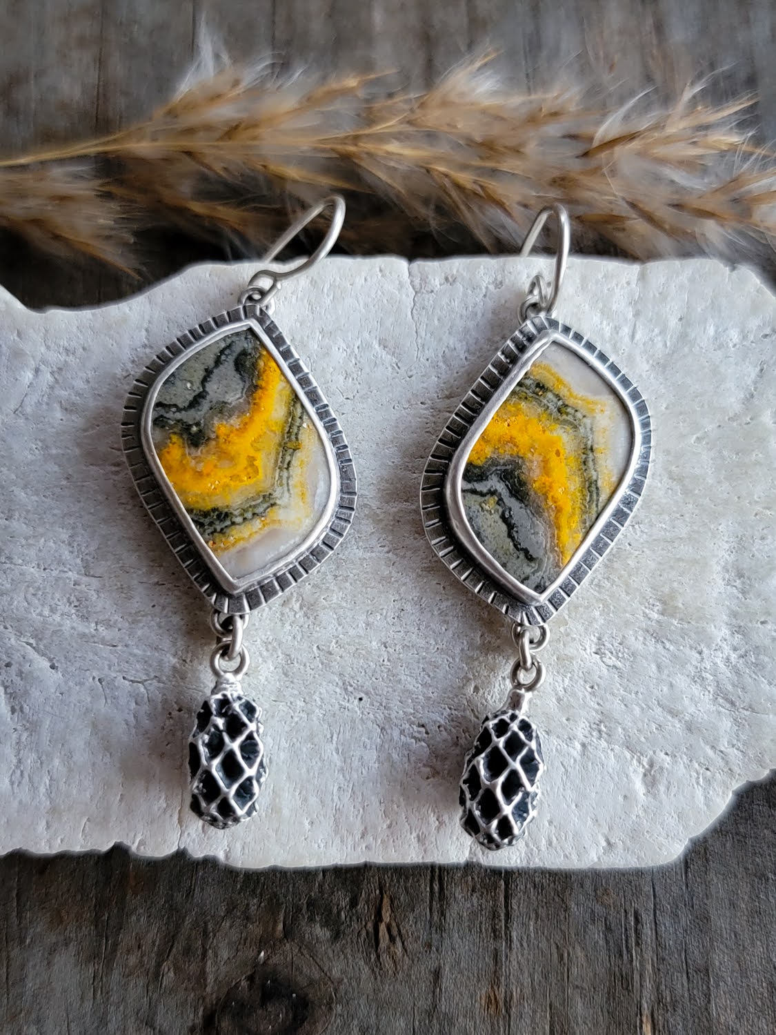 Bumblebee Jasper Iron Wood Pod Earrings