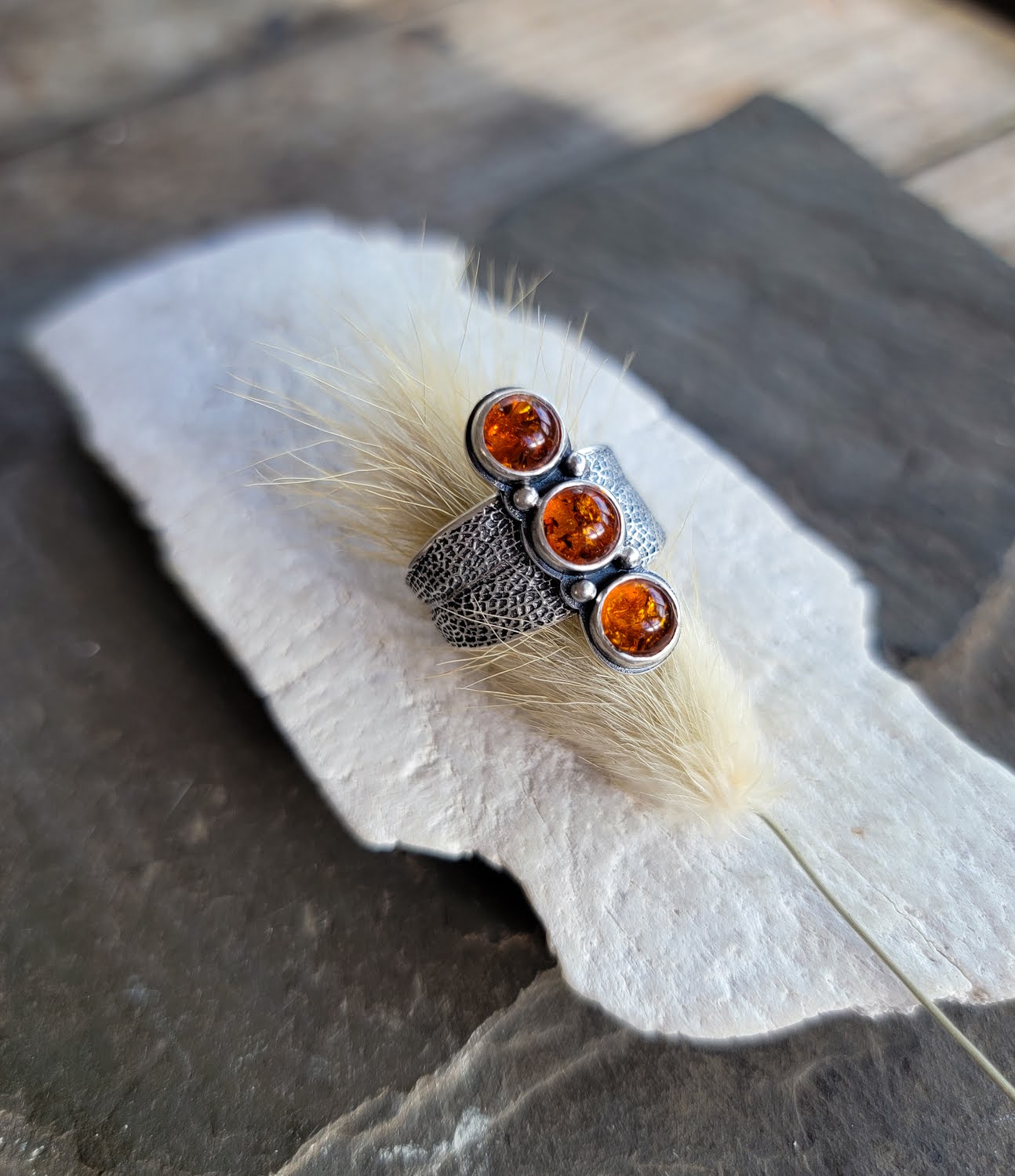 Amber Sage Leaf Saddle Ring