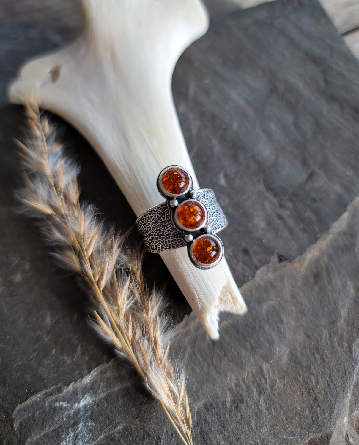 Amber Sage Leaf Saddle Ring
