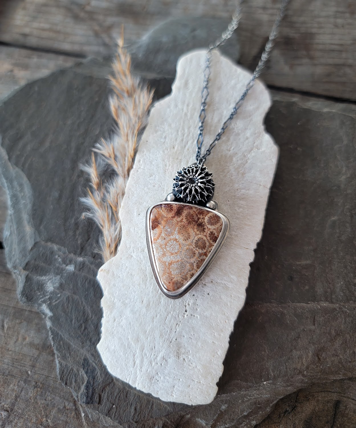Fossilized Coral Iron Wood Pod Necklace
