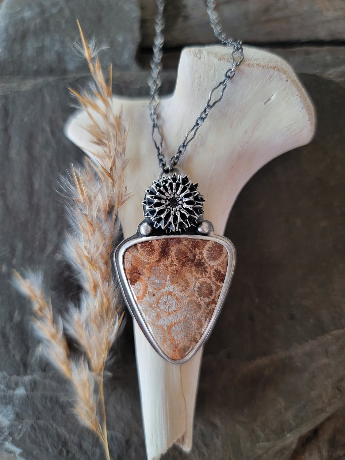 Fossilized Coral Iron Wood Pod Necklace
