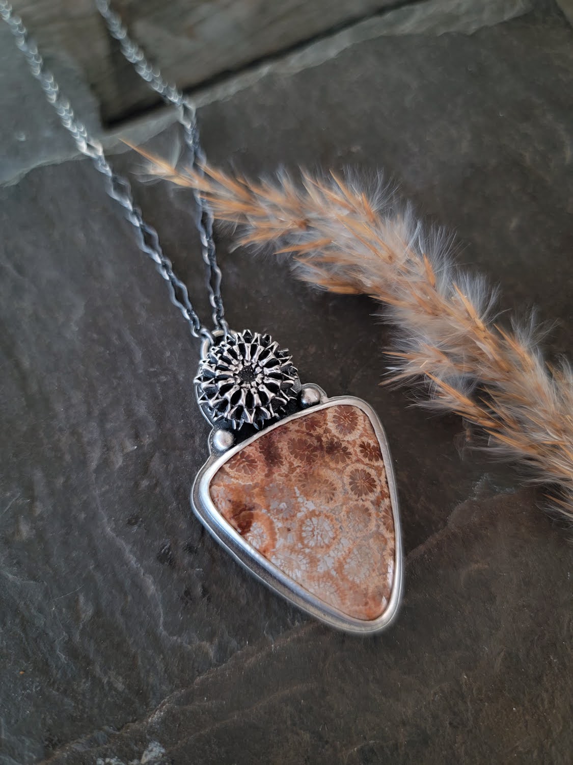 Fossilized Coral Iron Wood Pod Necklace