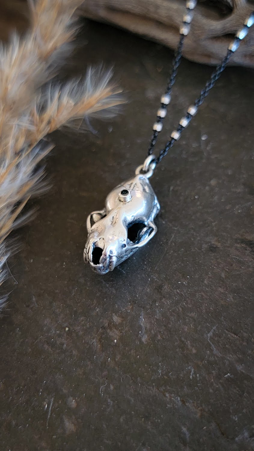 Bat Skull Necklace with Black Diamond Third Eye