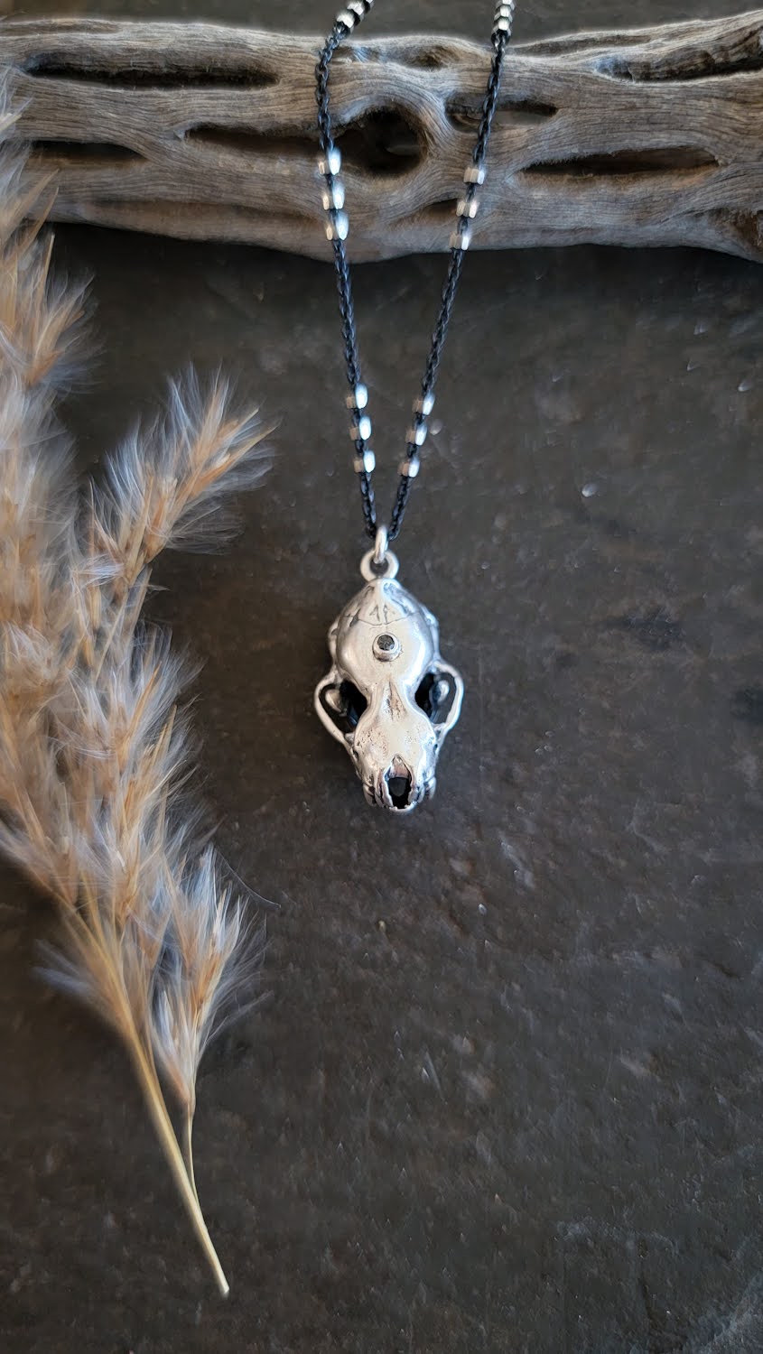 Bat Skull Necklace with Black Diamond Third Eye