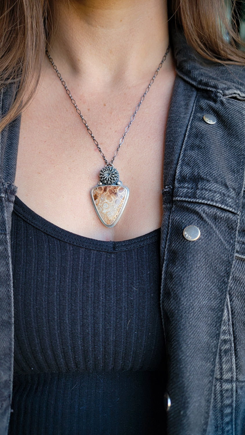 Fossilized Coral Iron Wood Pod Necklace