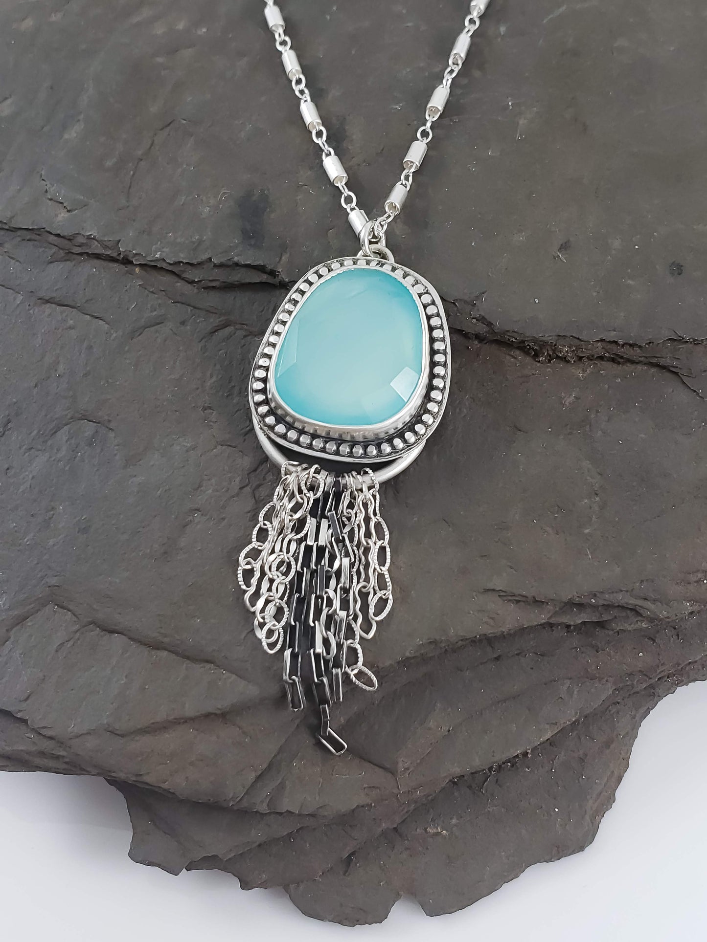 Rose Cut Aqua Chalcedony Tassel Necklace