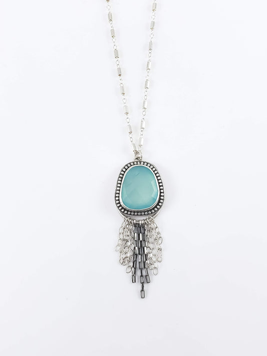 Rose Cut Aqua Chalcedony Tassel Necklace