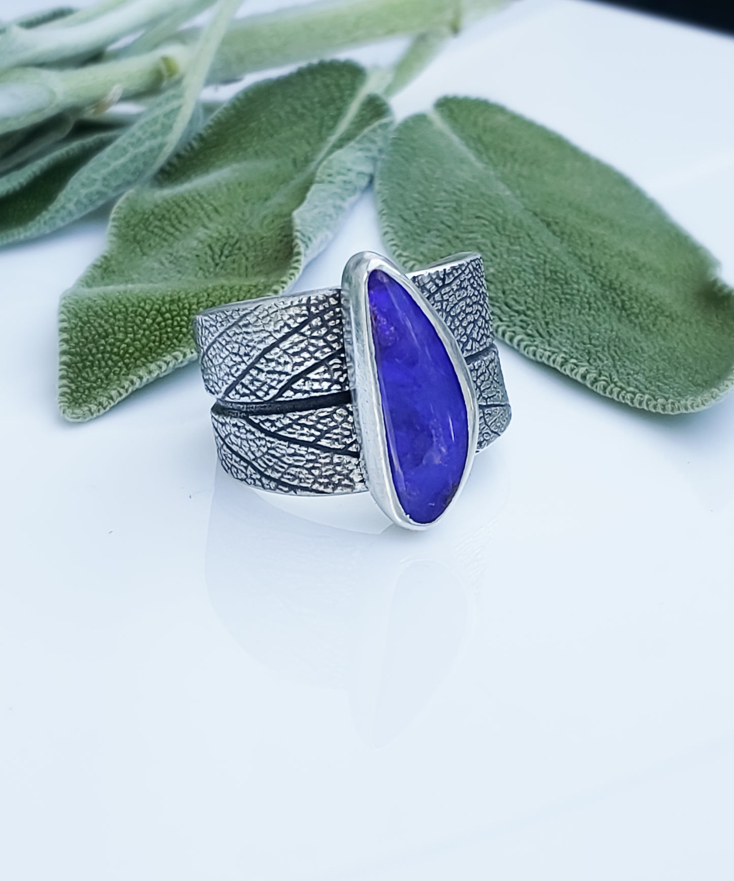 Australian Black Opal Sage Leaf Saddle Ring