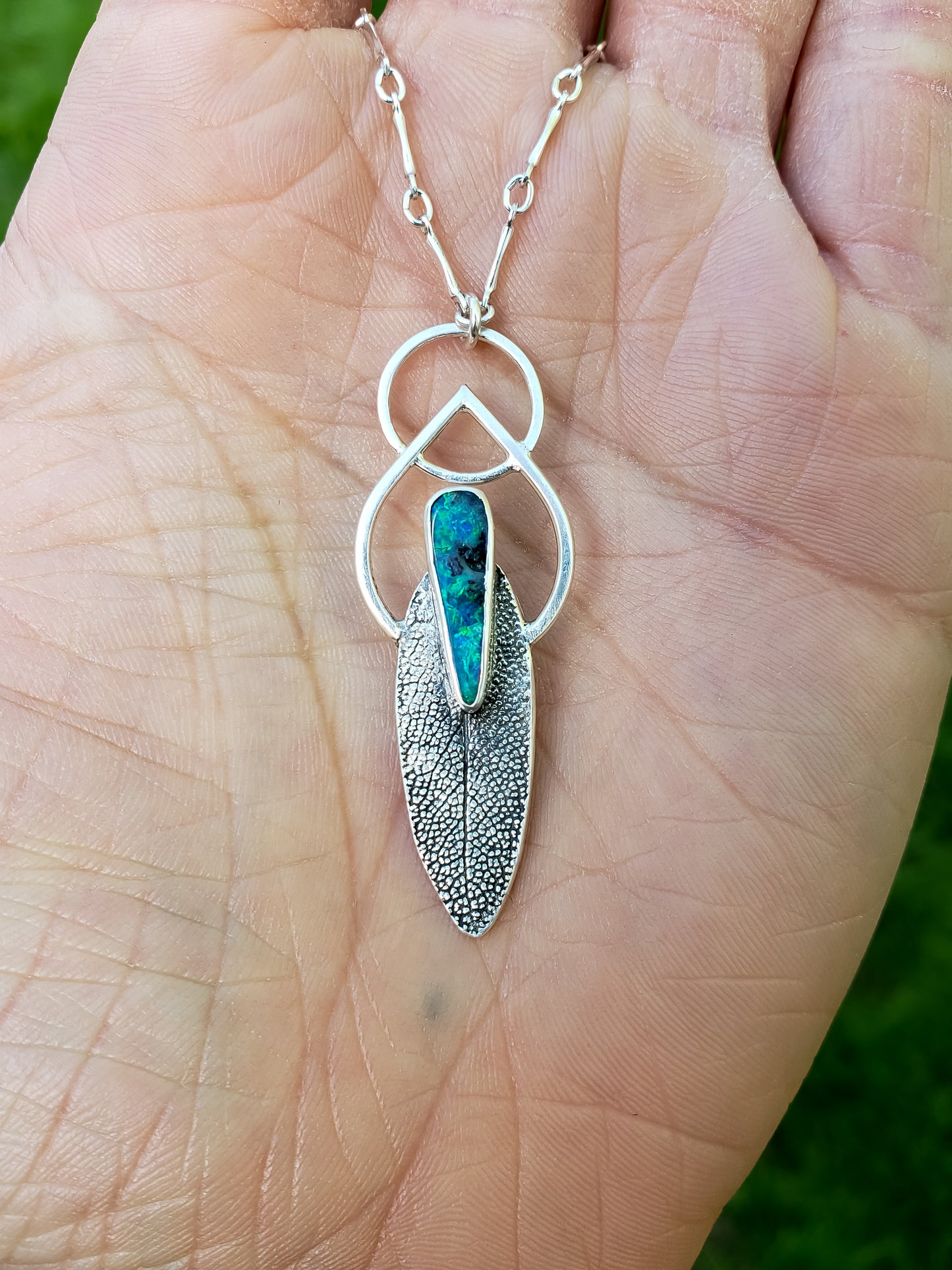 Australian Boulder Opal Sage Leaf Necklace