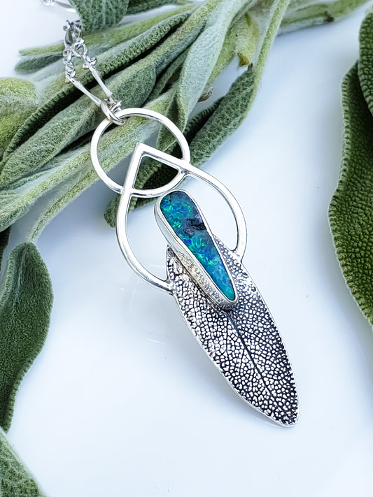 Australian Boulder Opal Sage Leaf Necklace