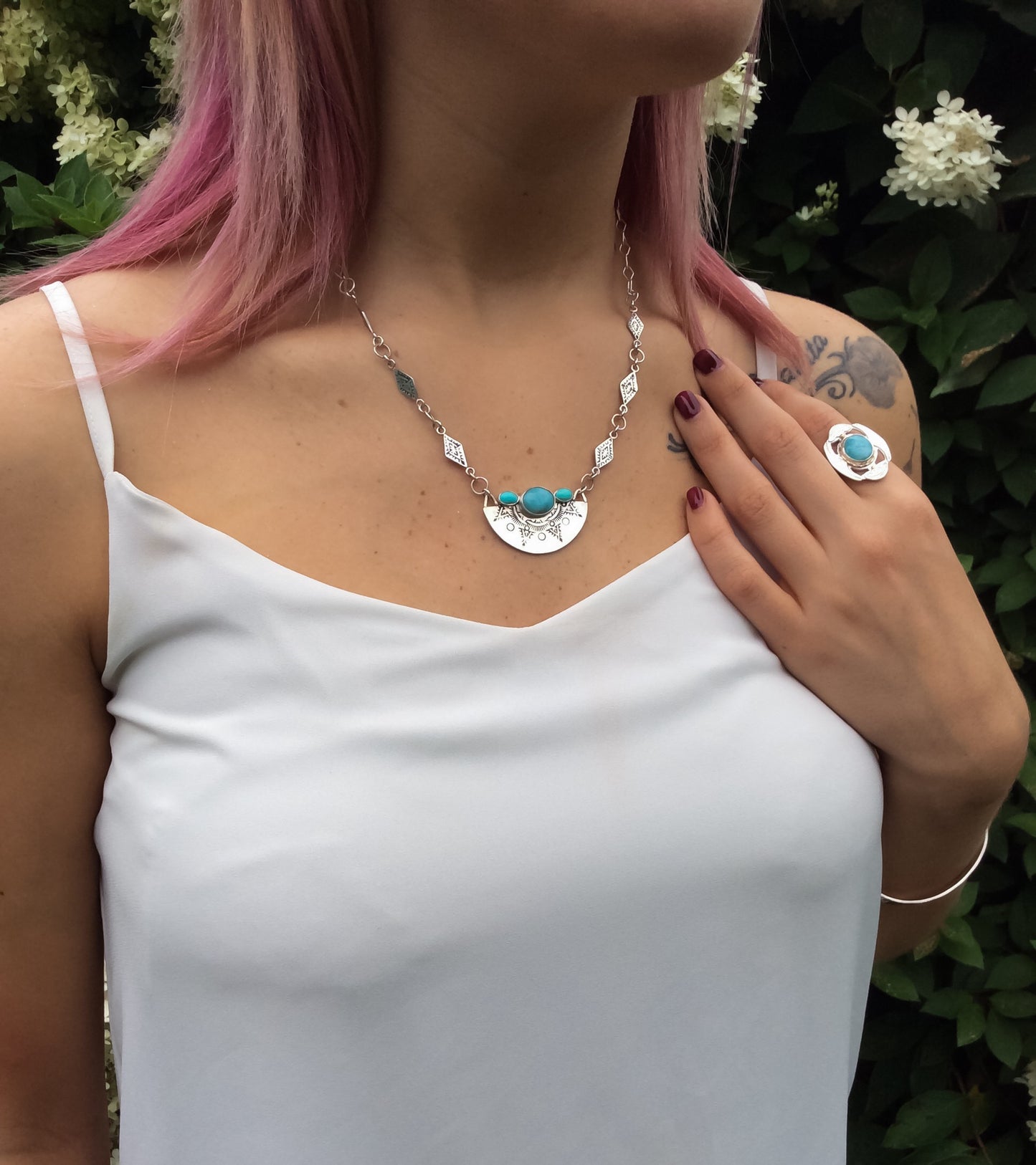 Larimar & Turquoise Hand Stamped Southwest Necklace