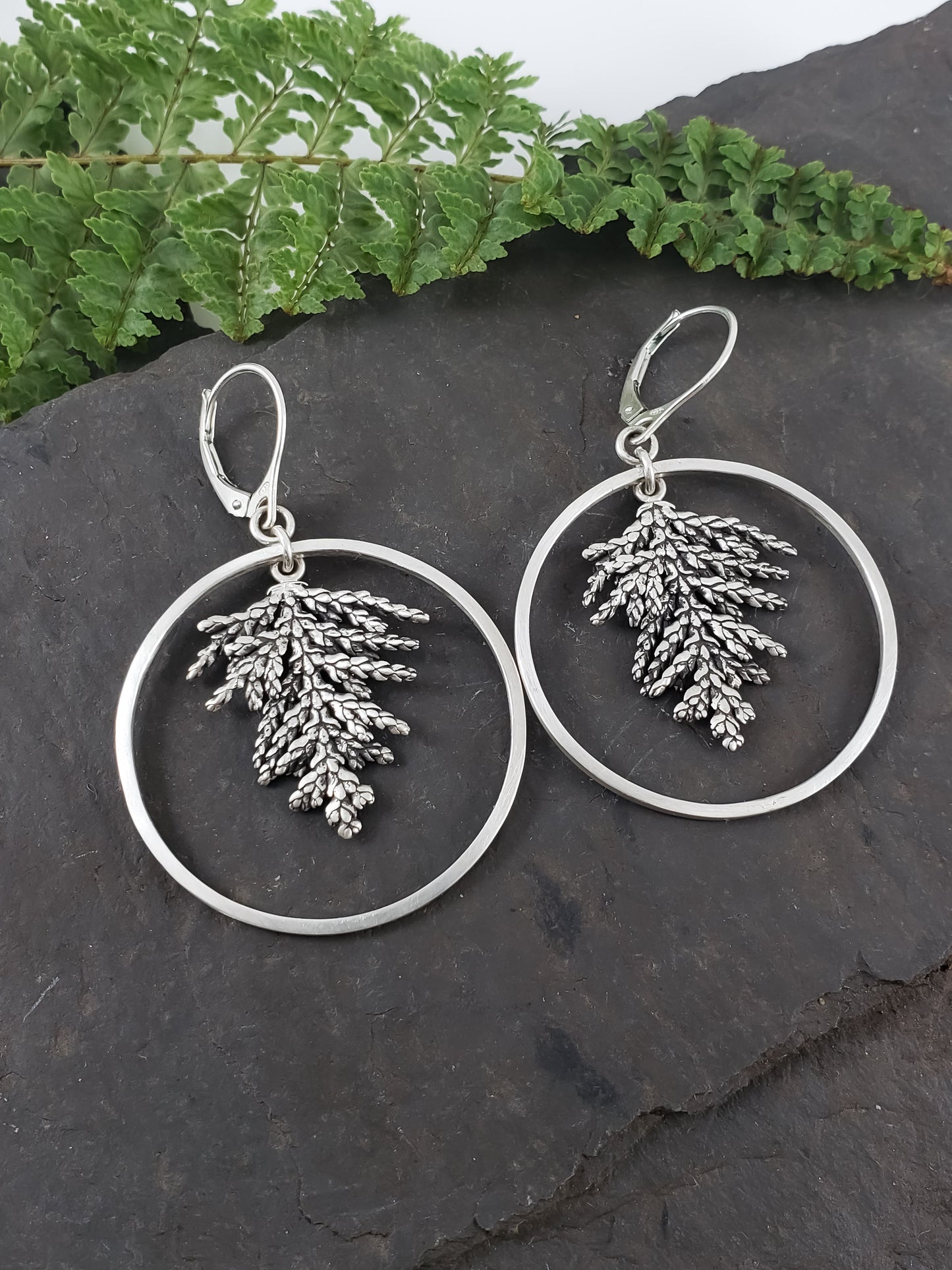 Fern Spray Evergreen Hoop Earrings