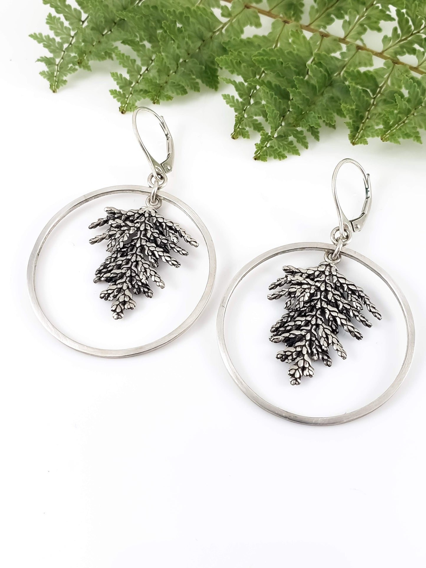Fern Spray Evergreen Hoop Earrings