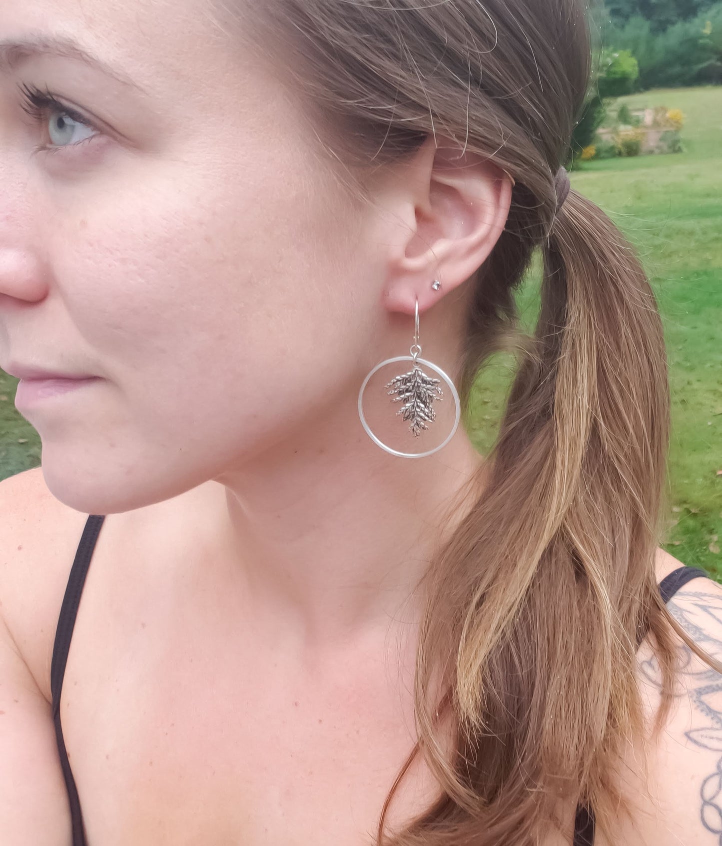 Fern Spray Evergreen Hoop Earrings