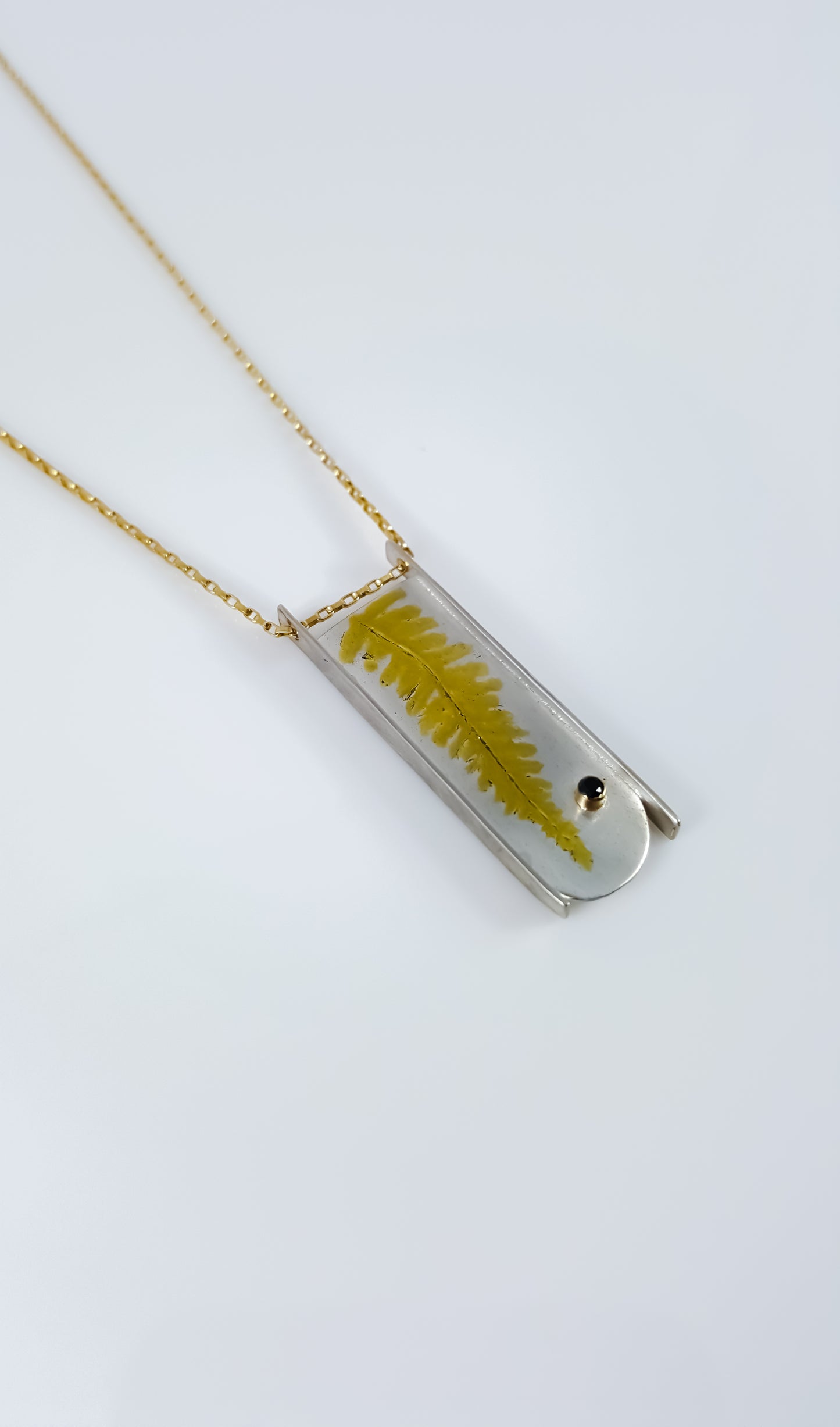 Mixed Metal Fern Necklace with Bezel Set Black Diamond