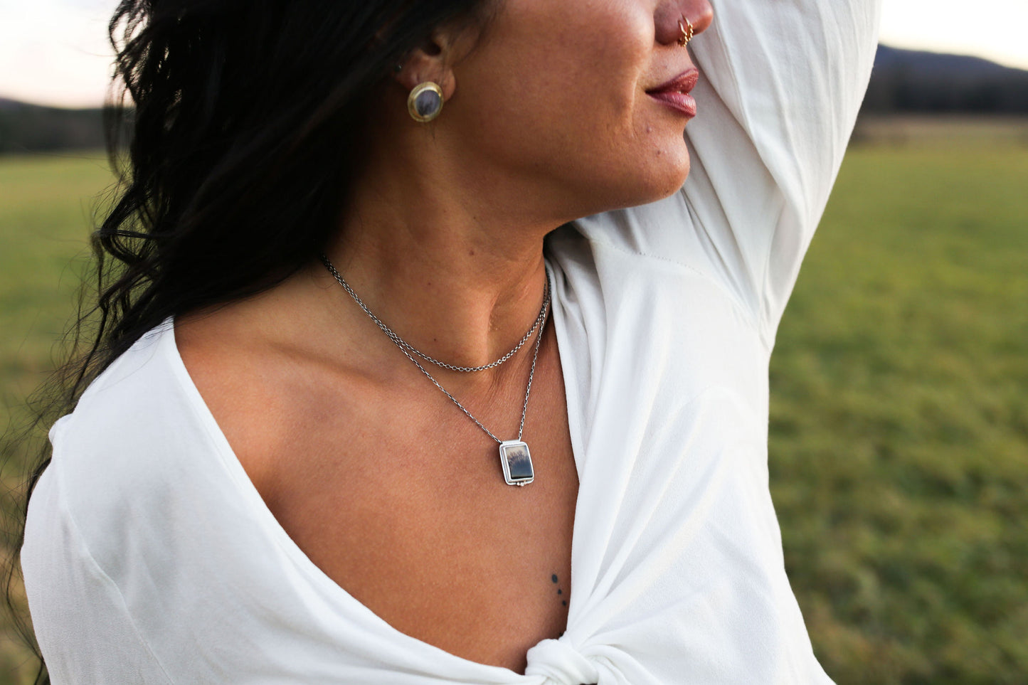 Dendritic Agate and Diamond Mixed Metal Necklace