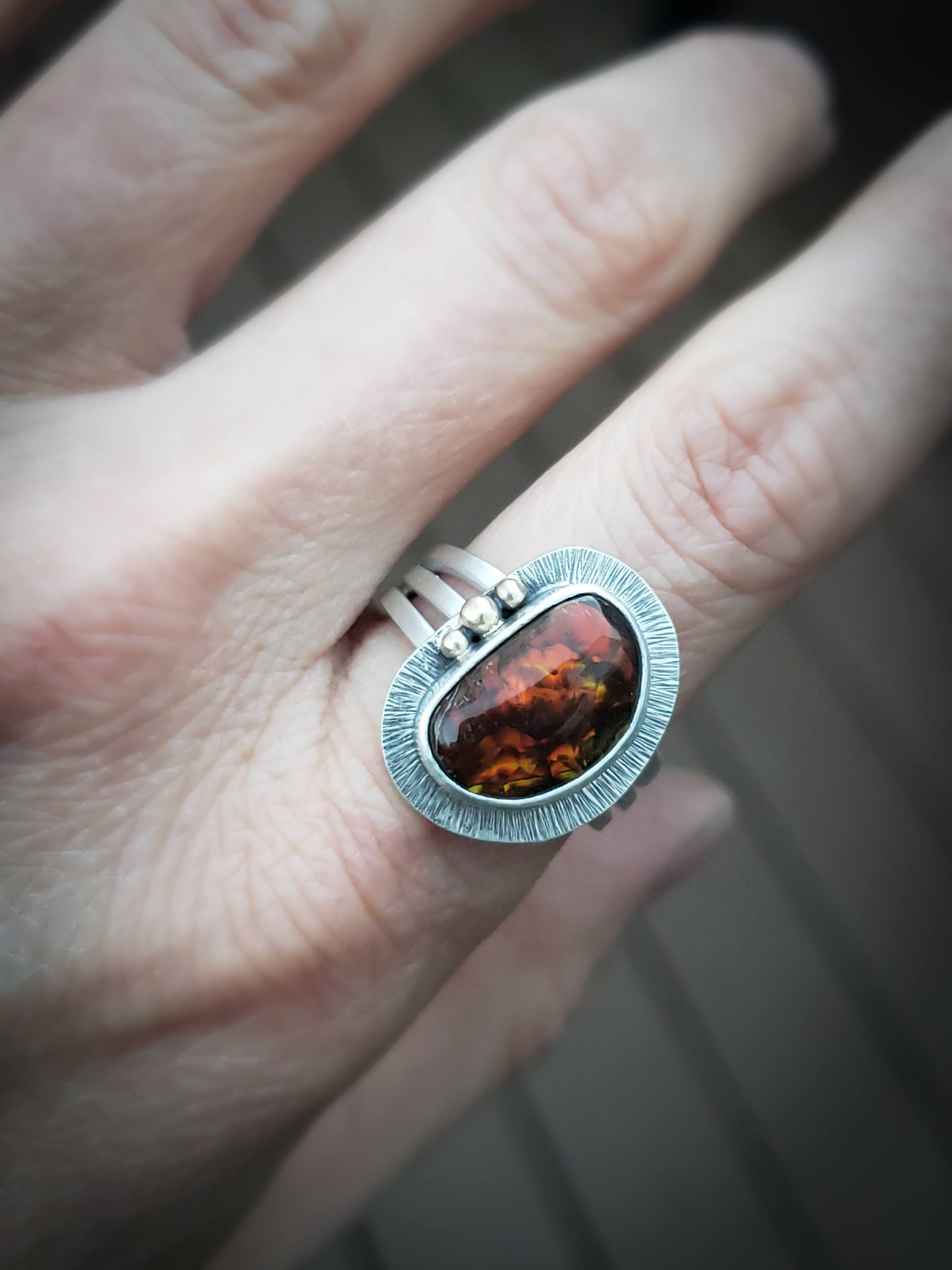Fire Agate Ring with 14k Gold Granulation