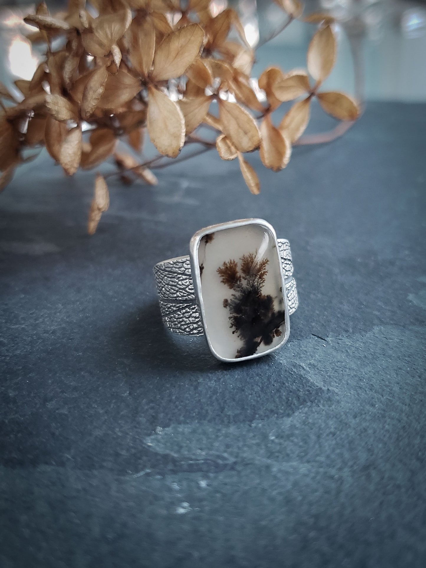 Dendritic Agate Sage Leaf Ring