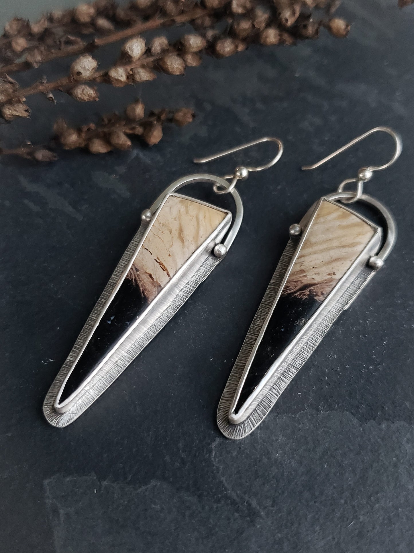 Geometric Petrified Palm Earrings with Granulation