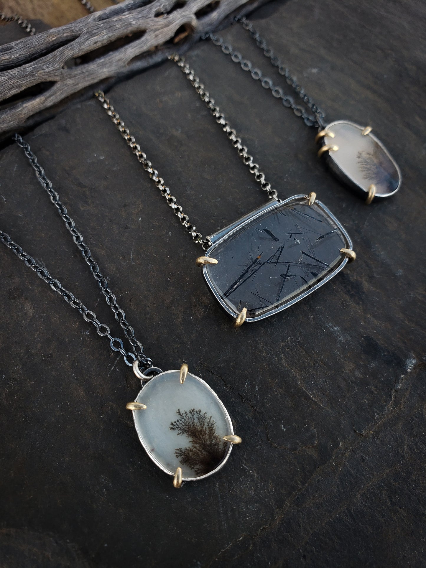 Dendritic Agate and 14k Gold Prong Necklace #2