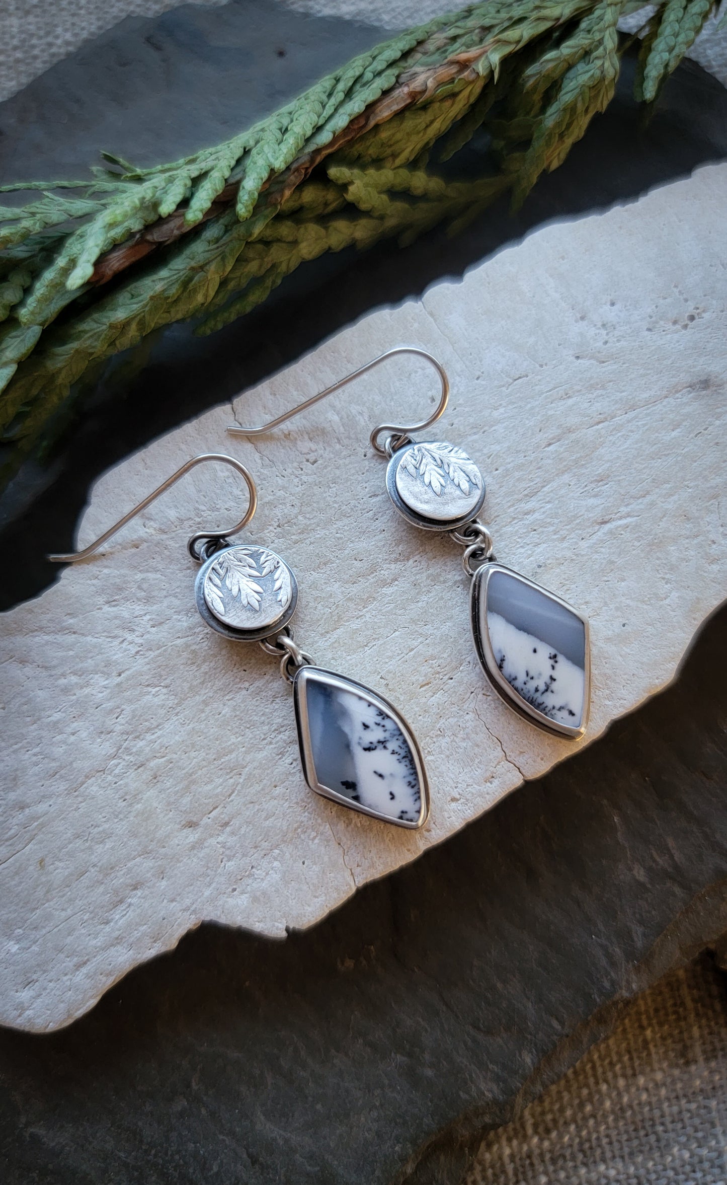 Dendritic Opal Botanical Shield Earrings