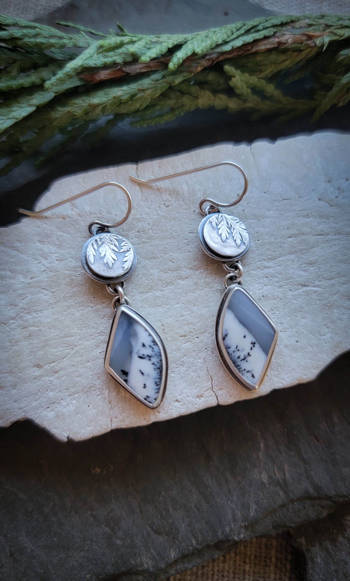 Dendritic Opal Botanical Shield Earrings