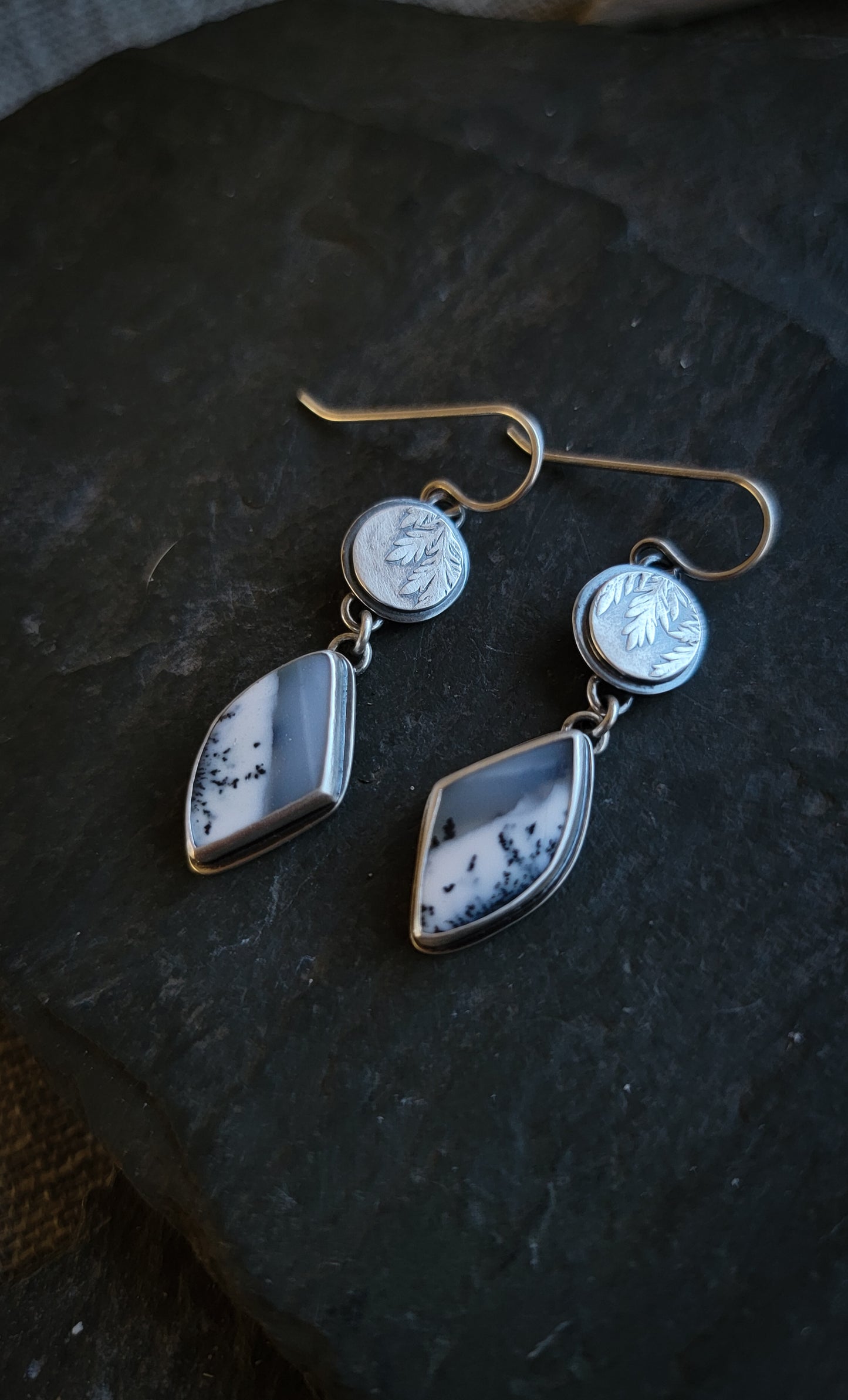 Dendritic Opal Botanical Shield Earrings