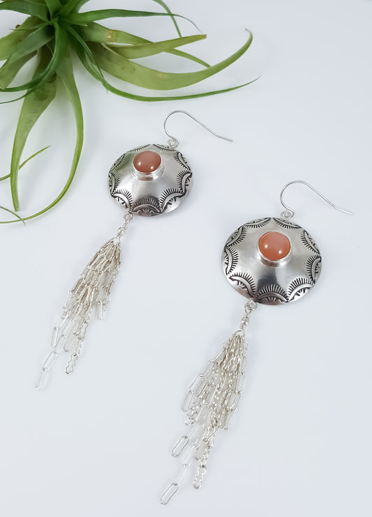 Peach Moon Stone Mandala Tassel Earrings