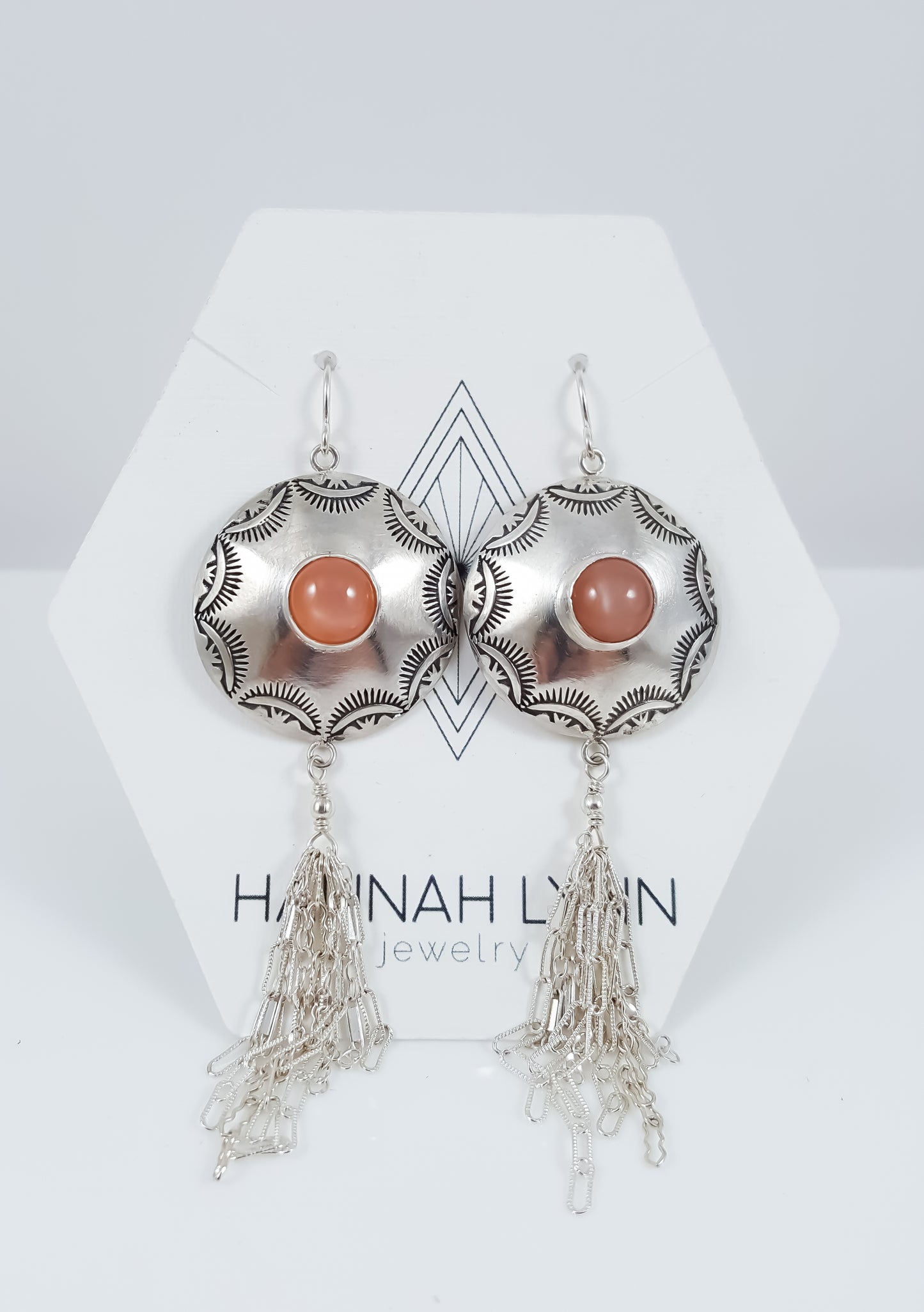 Peach Moon Stone Mandala Tassel Earrings