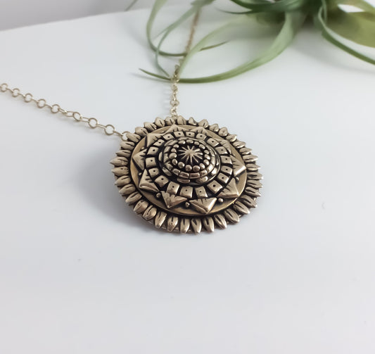 Hand Sculpted Bronze Mandala Necklace
