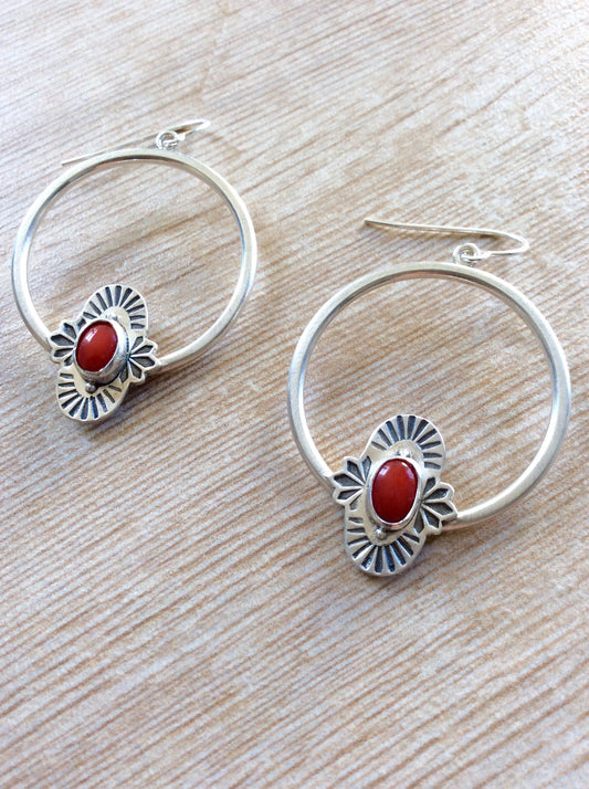 Hand Stamped Coral Hoop Earrings