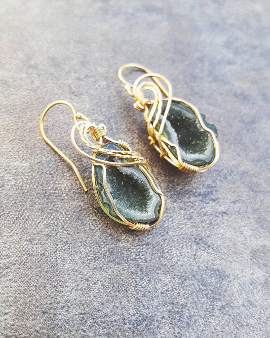 Gold Druzy Wire Wrapped Earrings