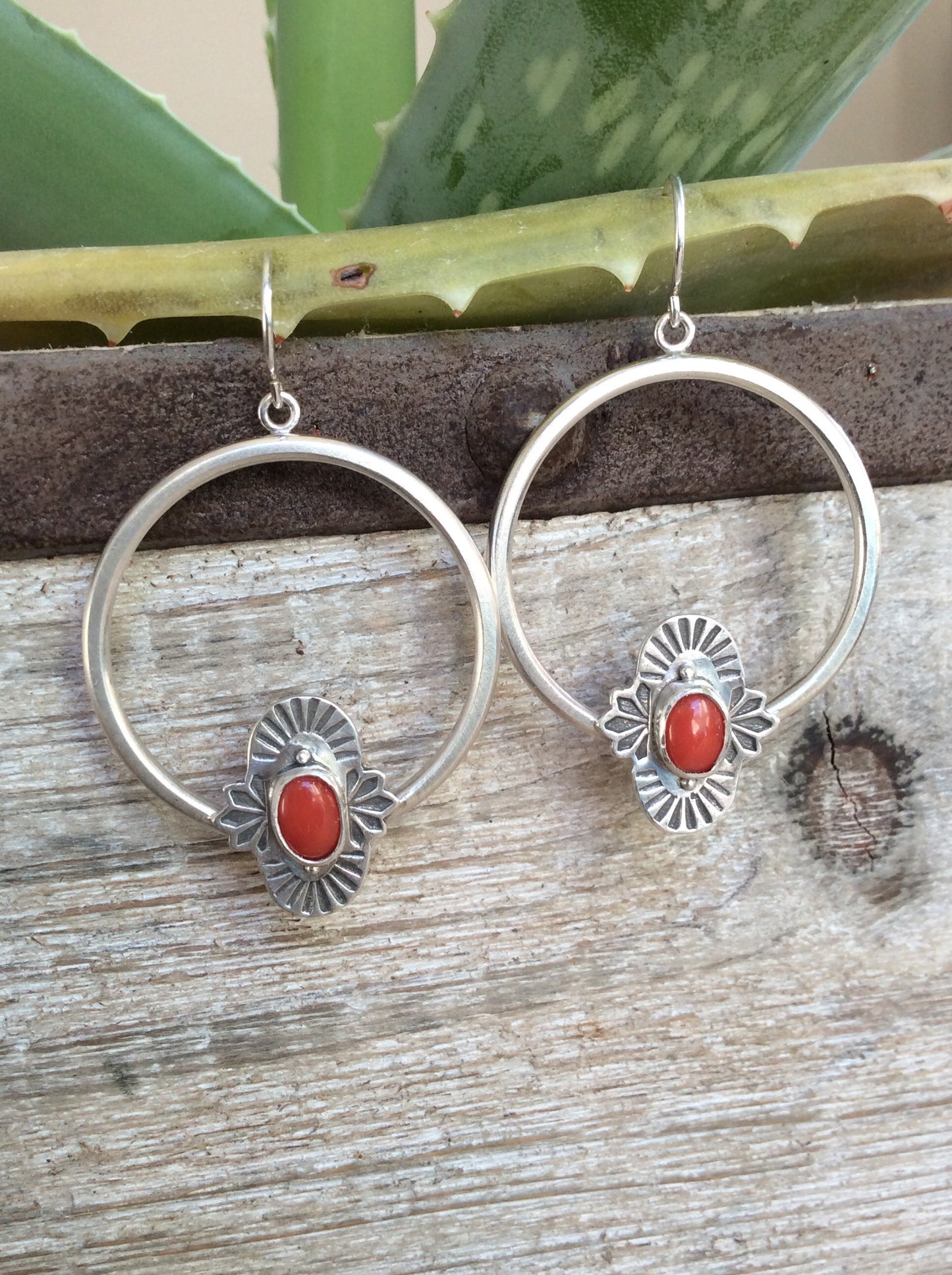 Hand Stamped Coral Hoop Earrings