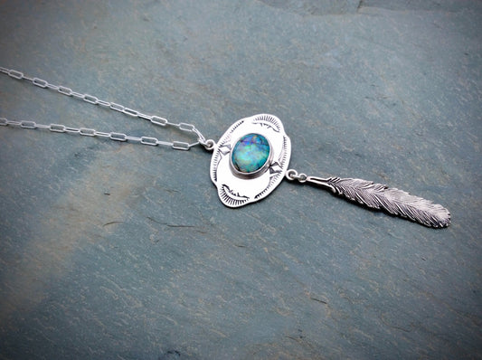 Hand Stamped Opal Feather Necklace