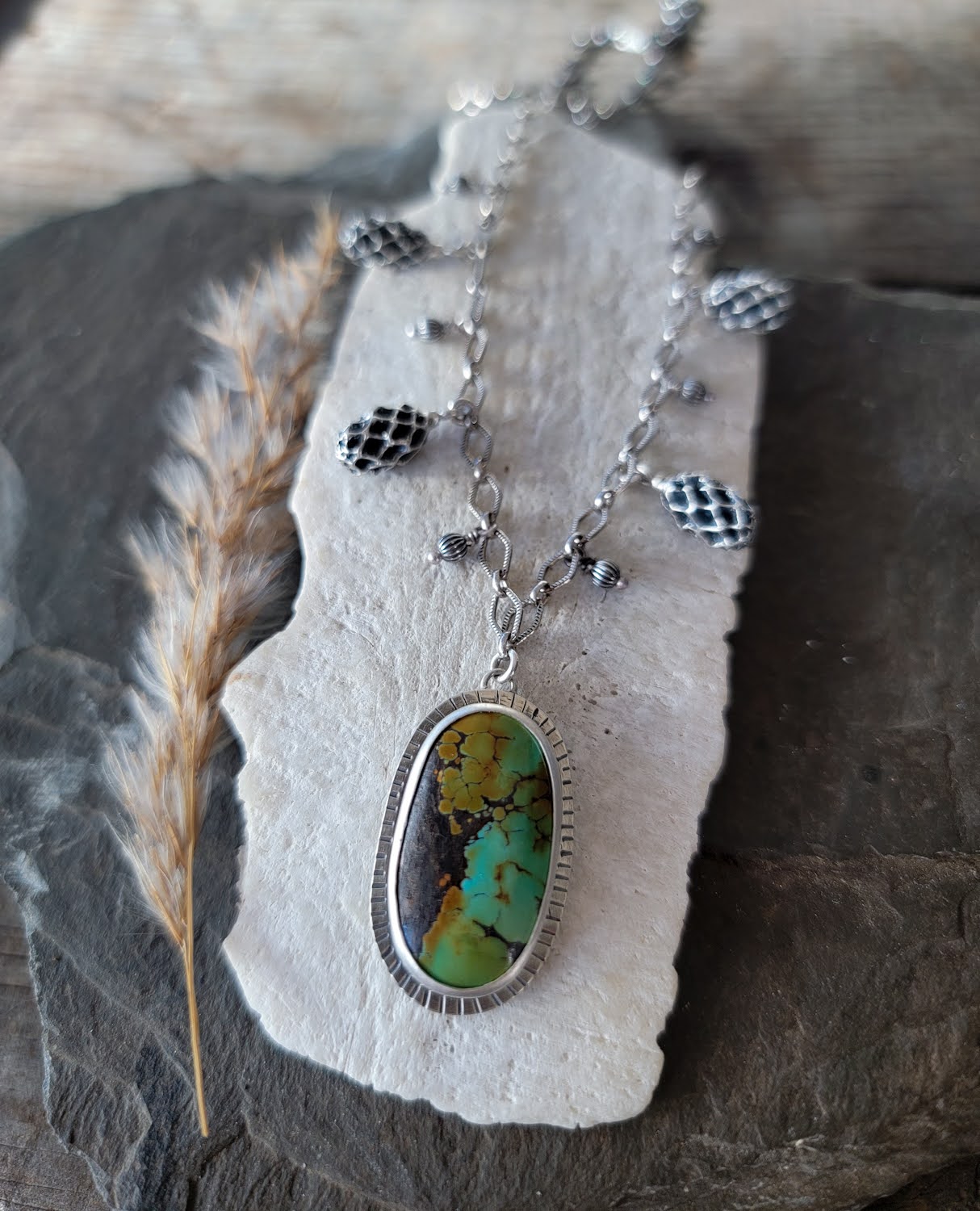 Treasure Mountain Turquoise Iron Wood Pod Necklace