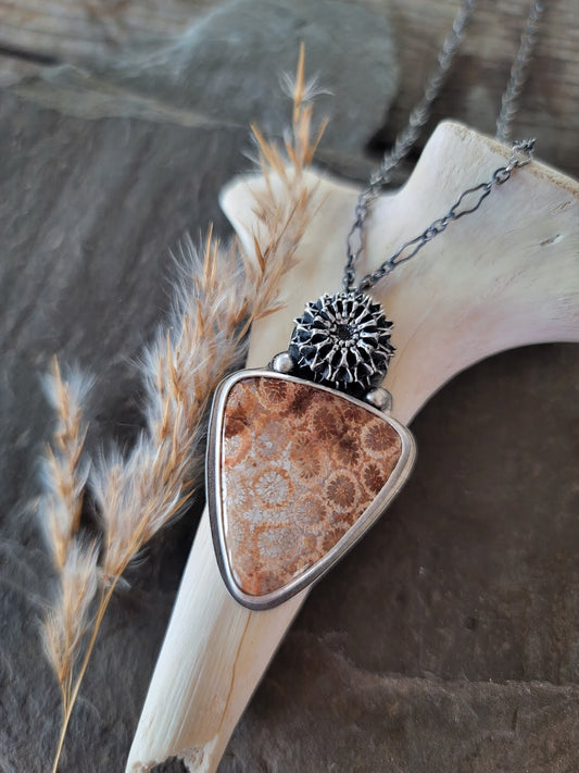 Fossilized Coral Iron Wood Pod Necklace