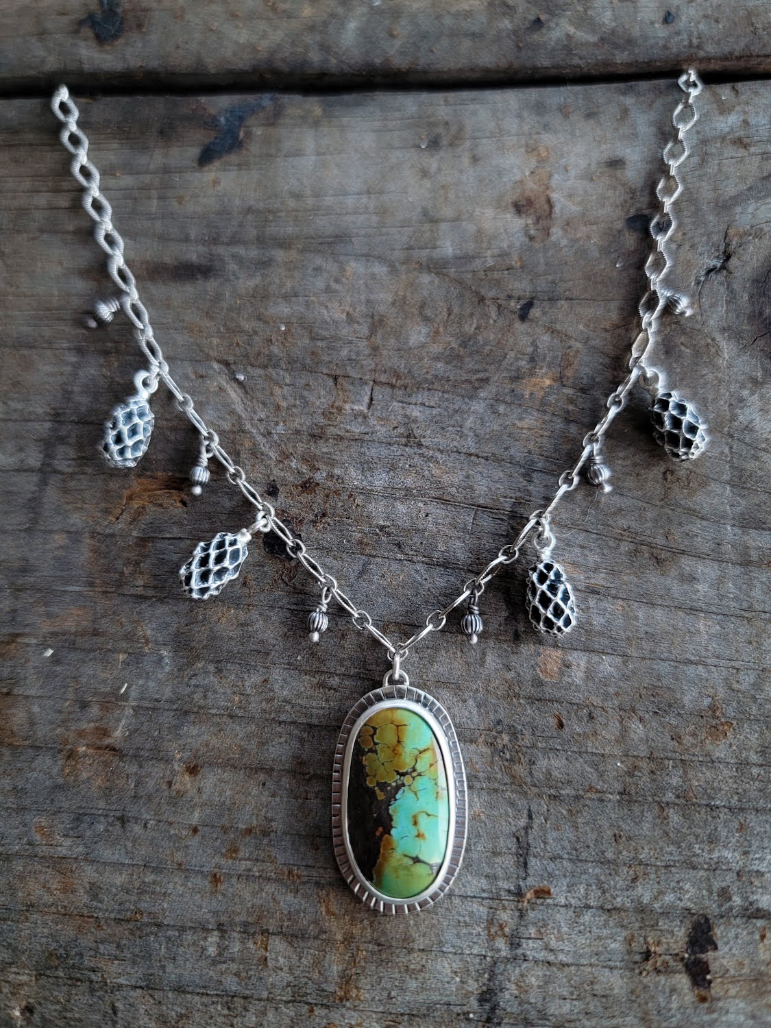 Treasure Mountain Turquoise Iron Wood Pod Necklace