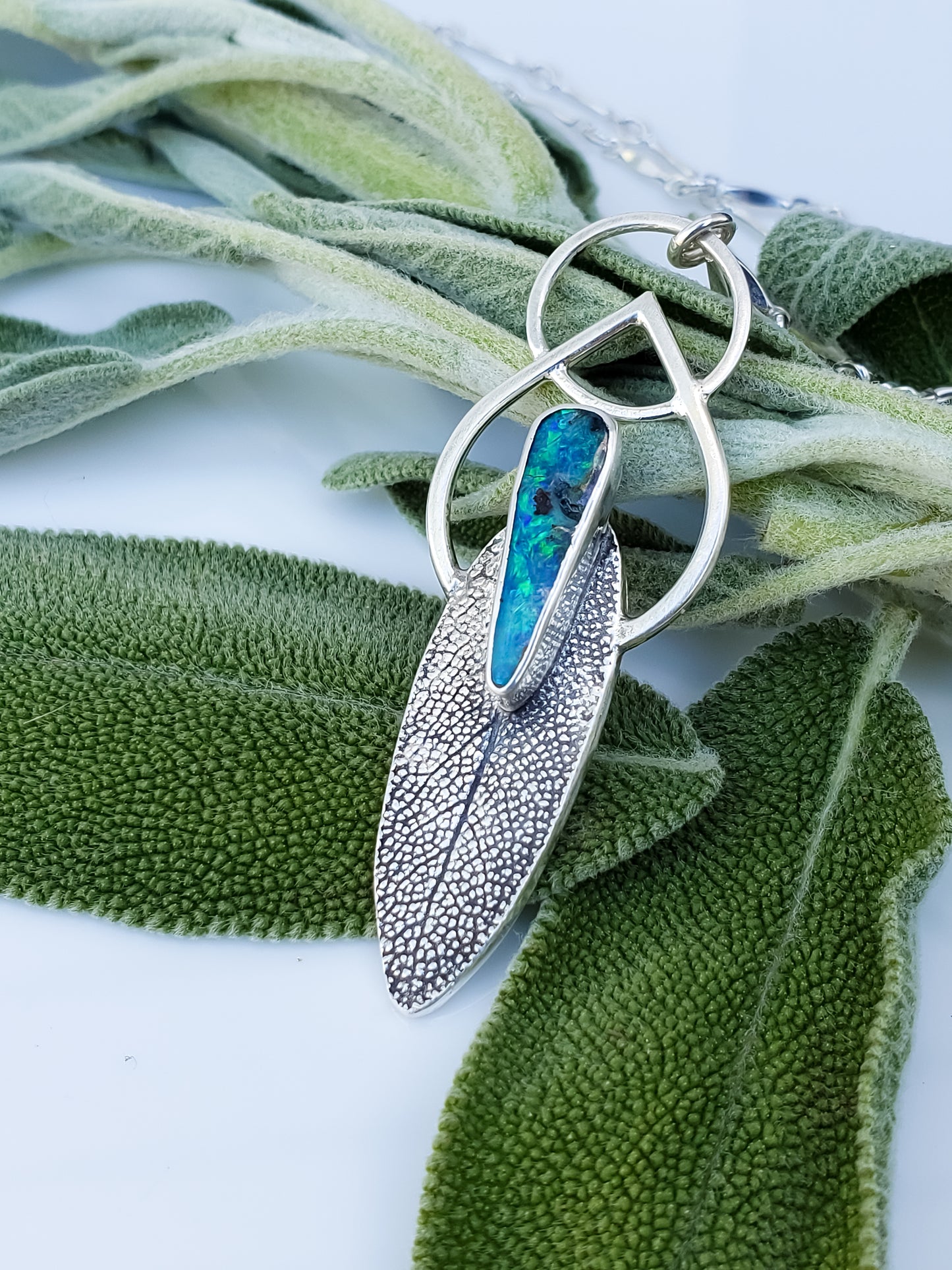 Australian Boulder Opal Sage Leaf Necklace