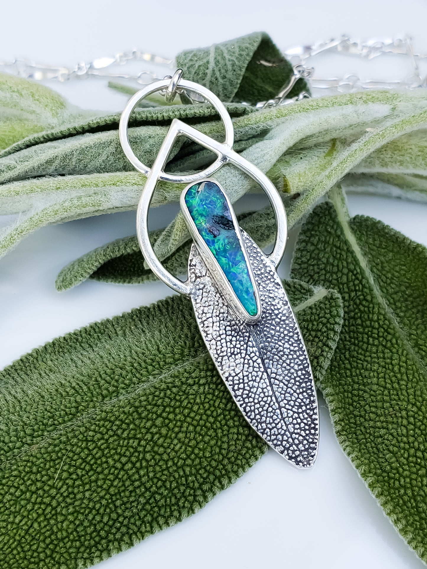 Australian Boulder Opal Sage Leaf Necklace