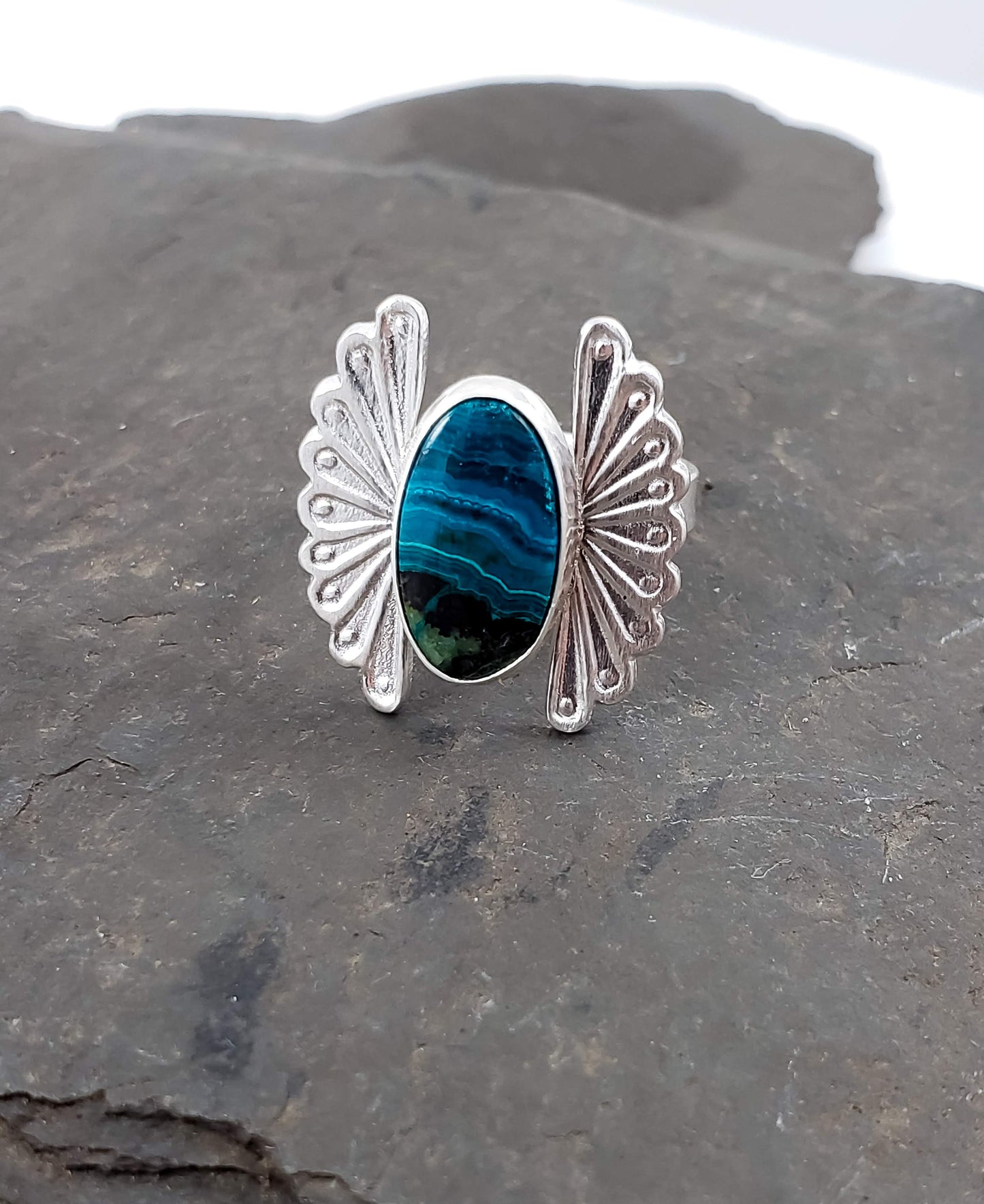 Chrysocolla Stamped Fan Ring