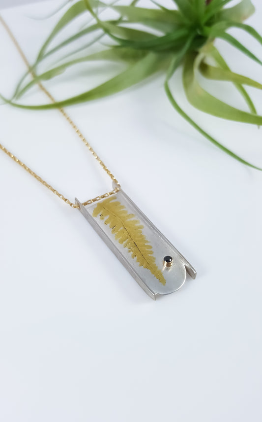 Mixed Metal Fern Necklace with Bezel Set Black Diamond