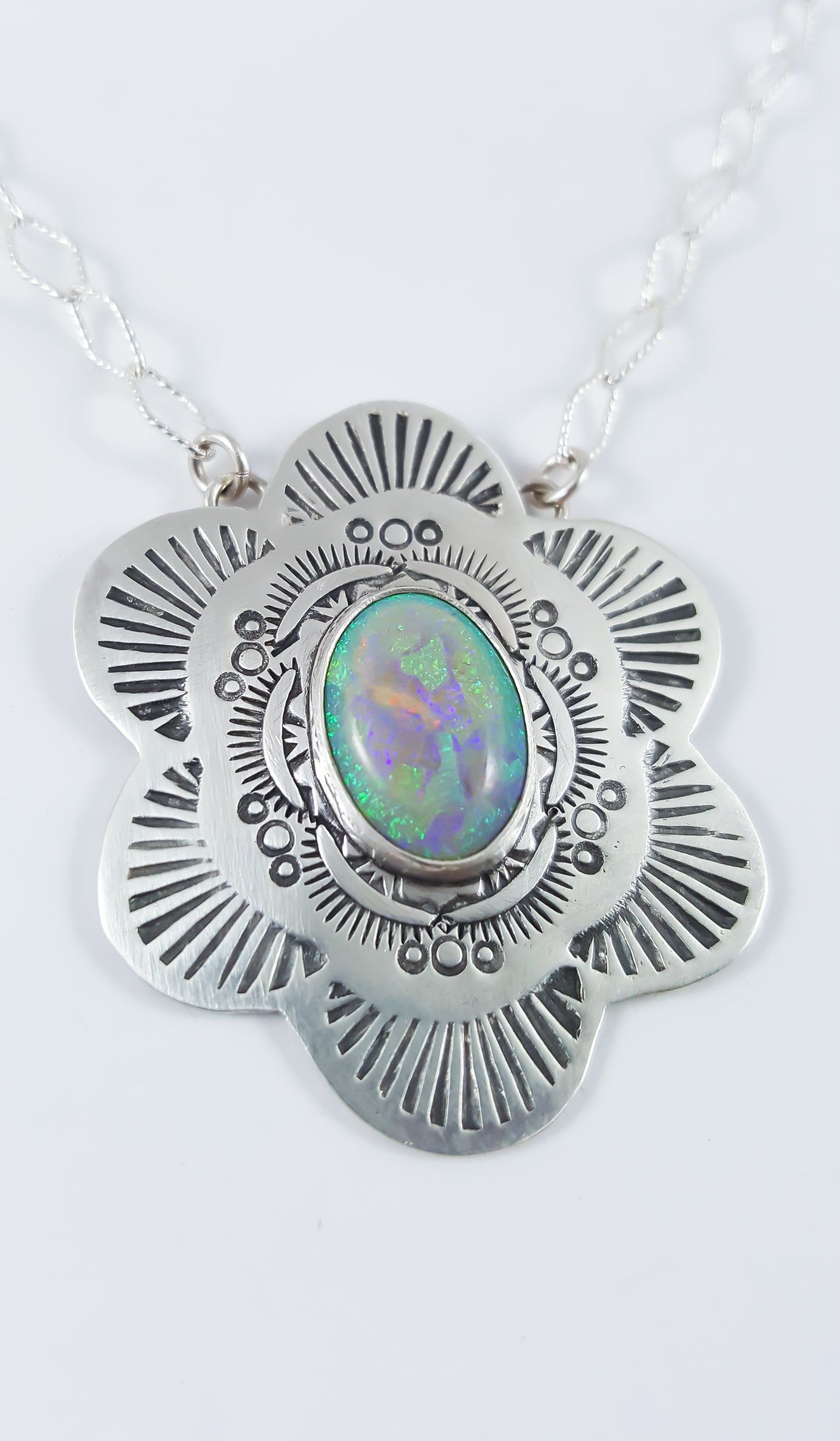 Hand Stamped Opal Mandala Necklace