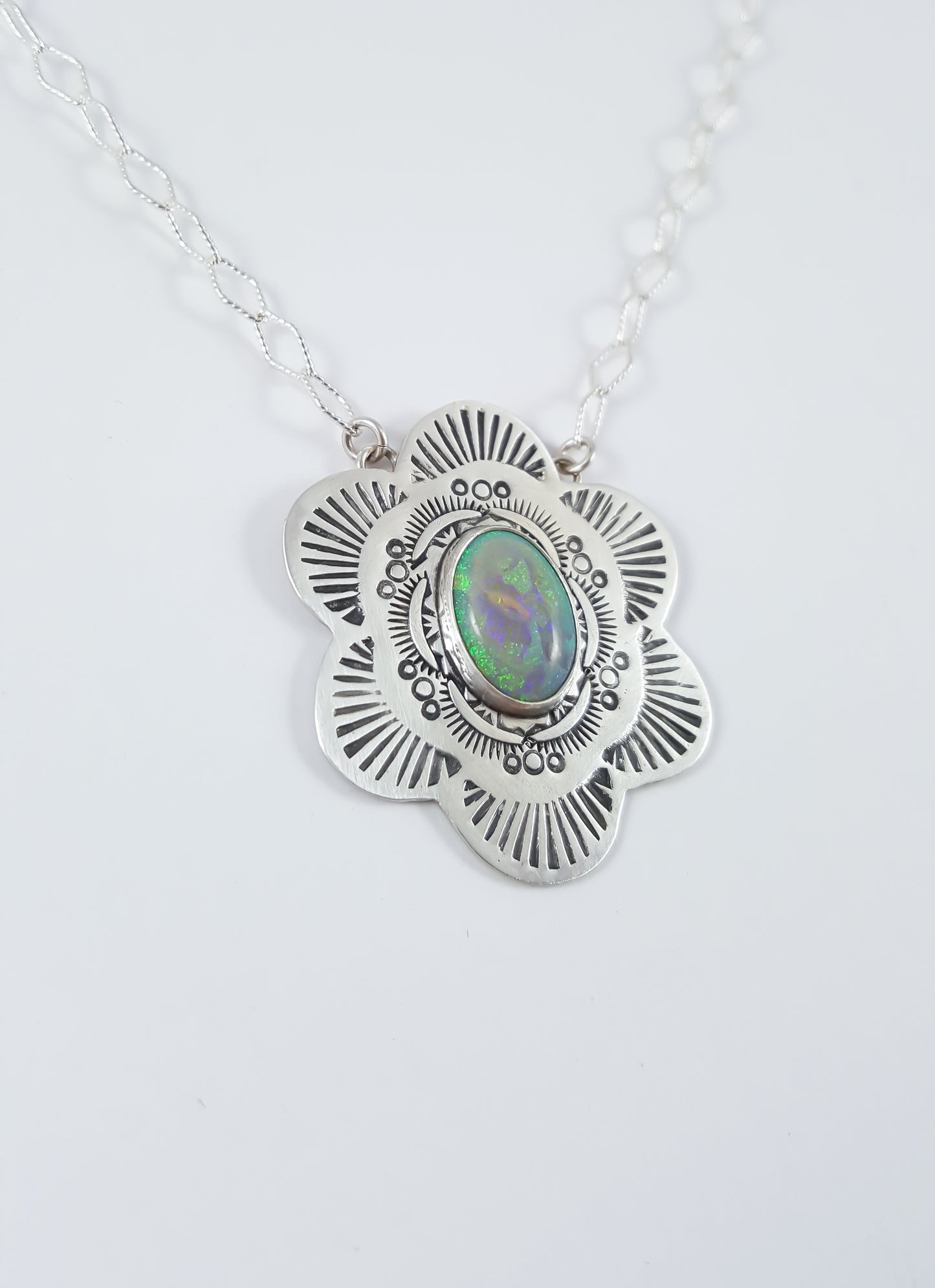 Hand Stamped Opal Mandala Necklace