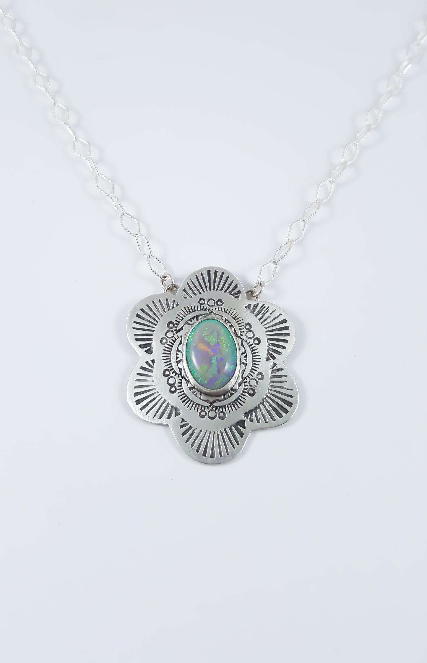 Hand Stamped Opal Mandala Necklace