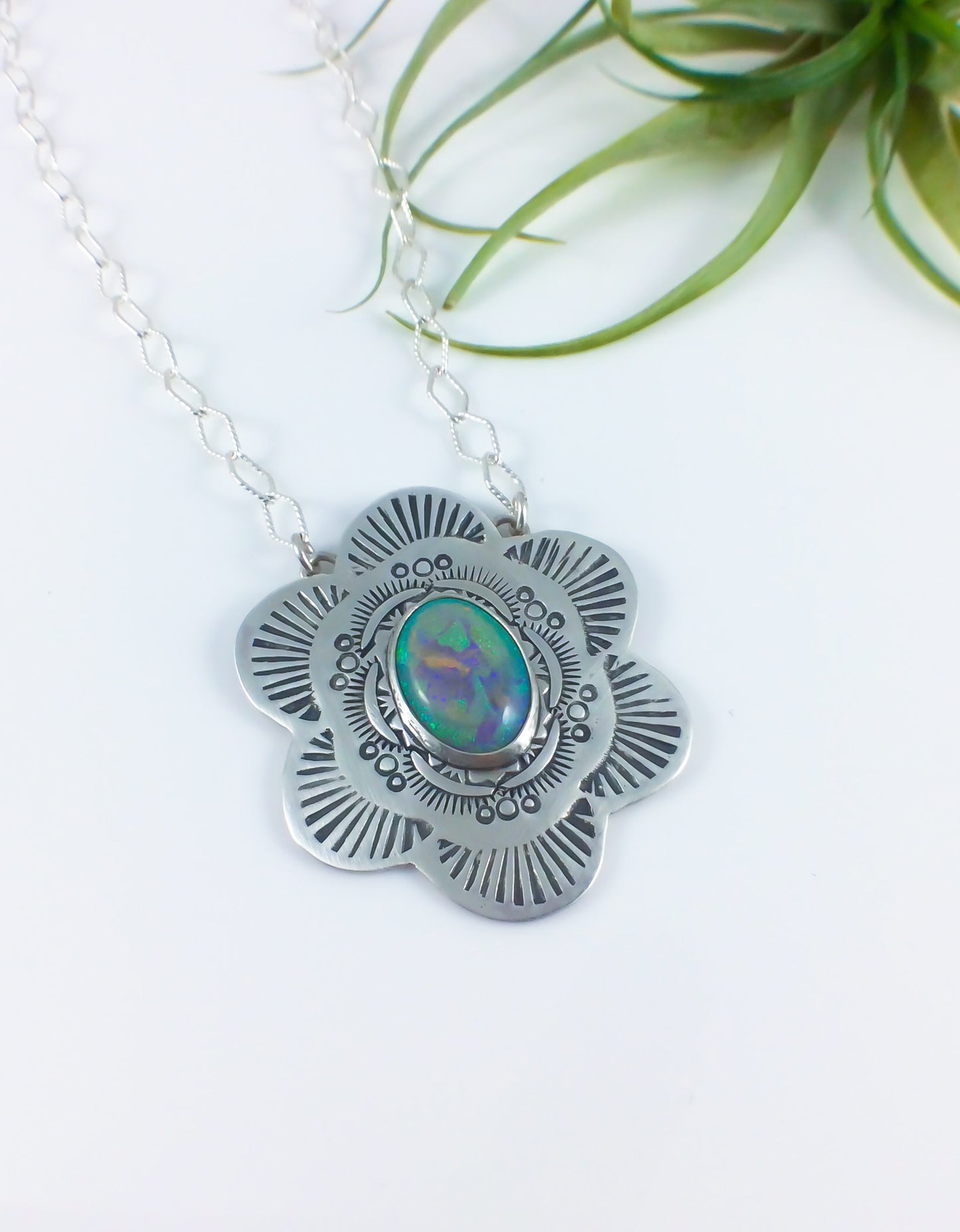 Hand Stamped Opal Mandala Necklace