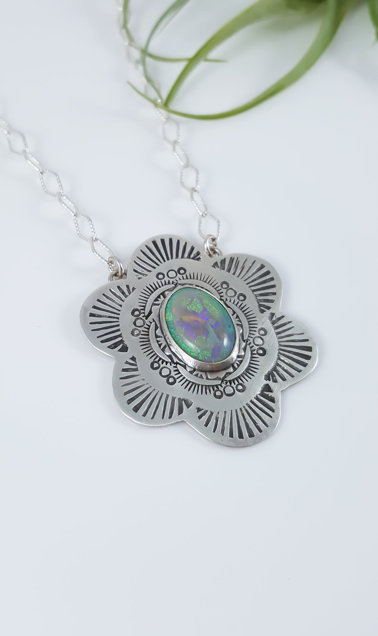 Hand Stamped Opal Mandala Necklace