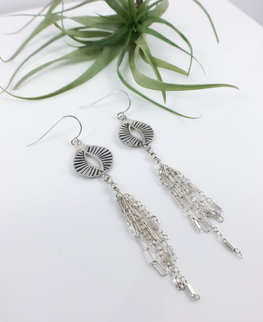 Hand Stamped Oval Drop Tassel Earring