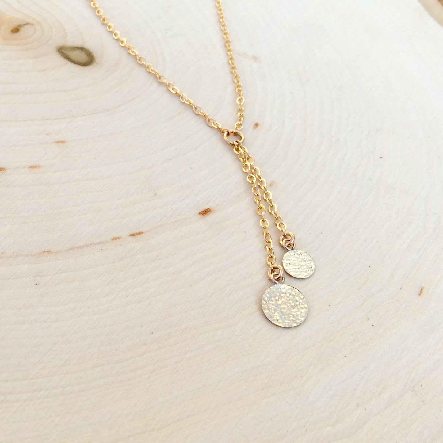 Gold Hammered Disc Lariat Necklace