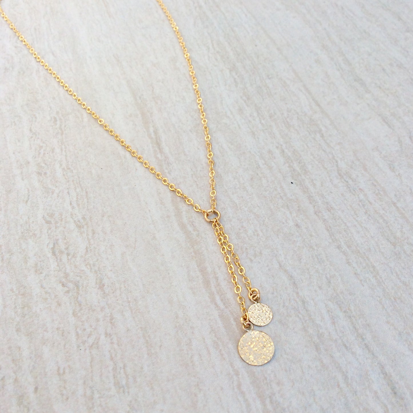 Gold Hammered Disc Lariat Necklace