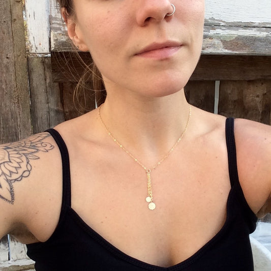 Gold Hammered Disc Lariat Necklace